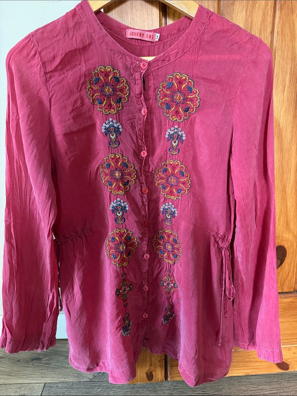 Johnny Was long sleeve Embroidered Drawstring Waist Blouse Medium, berry color